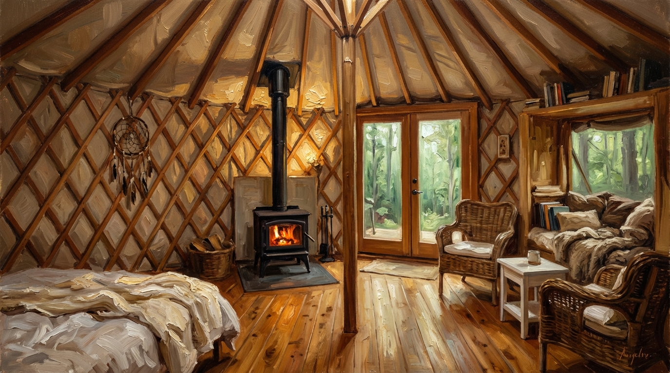 Olieverfschilderij van het interieur van een yurt: houtkachel, houten vloer, warm licht