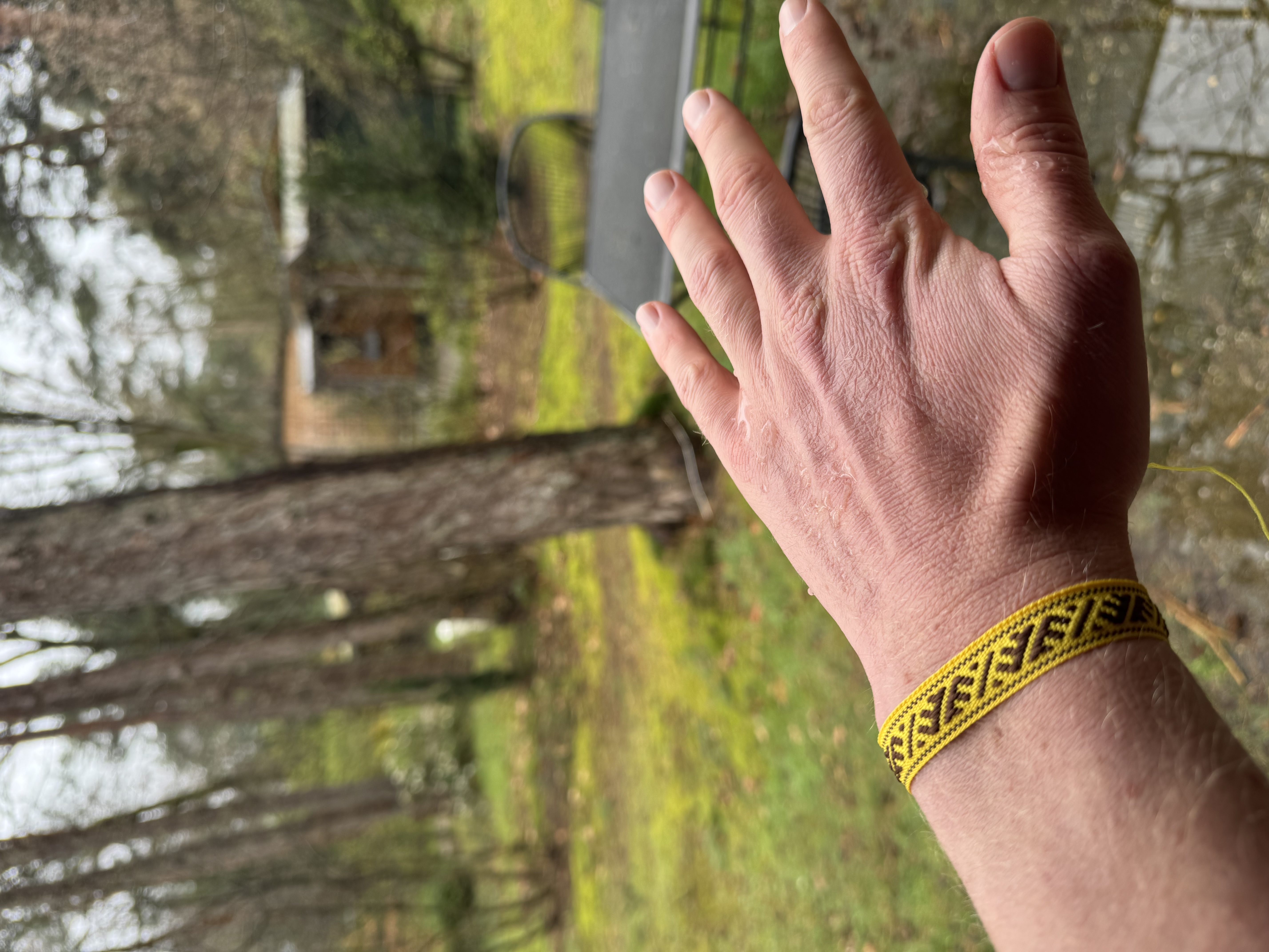 Hand met geel geweven bandje, bos op de achtergrond