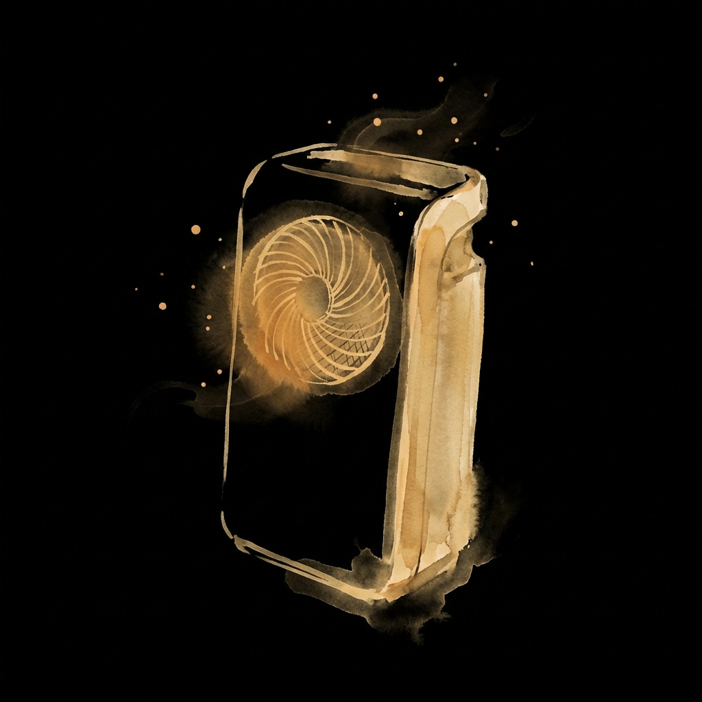 Ink wash illustration: hands testing an air purifier with a particle counter on a workbench covered in notes and tools