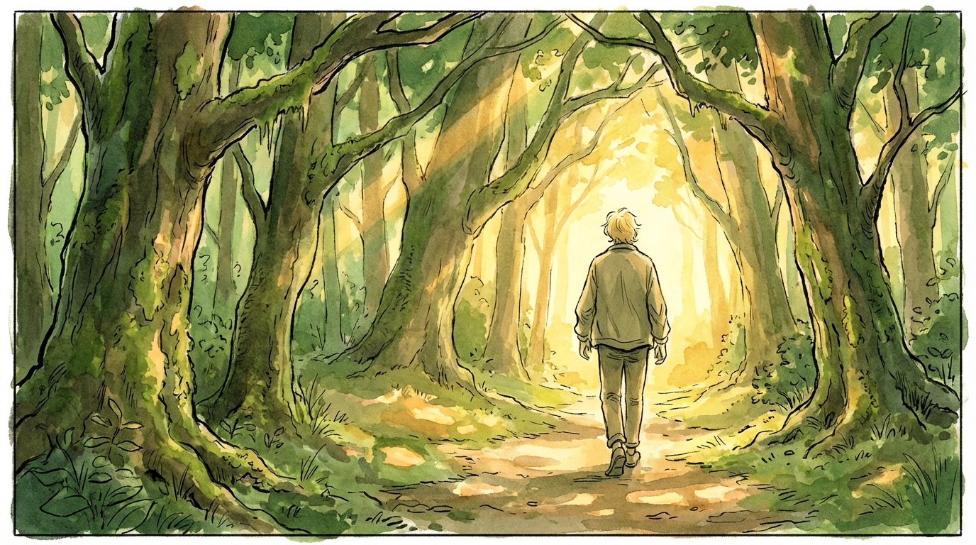 Ink wash illustration: a figure sits alone in a garden chair facing a forest, phone abandoned on the ground, golden light filtering through trees