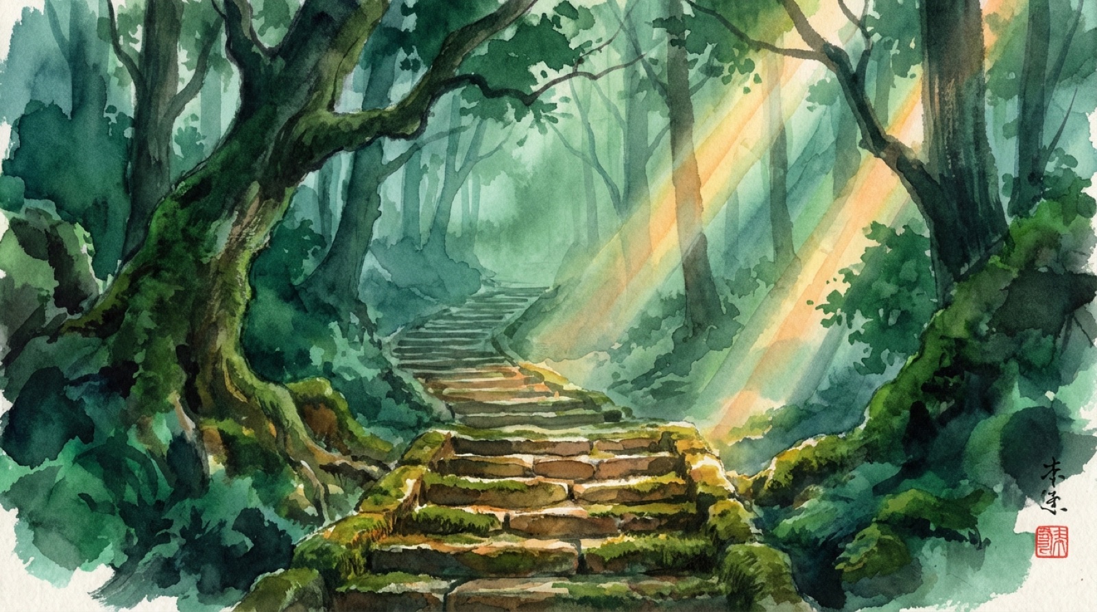 Ancient forest path with moss-covered stone steps, dappled light