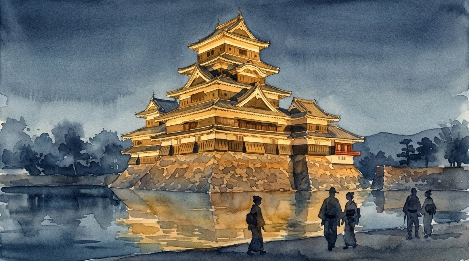 Matsumoto Castle reflected in its moat at night