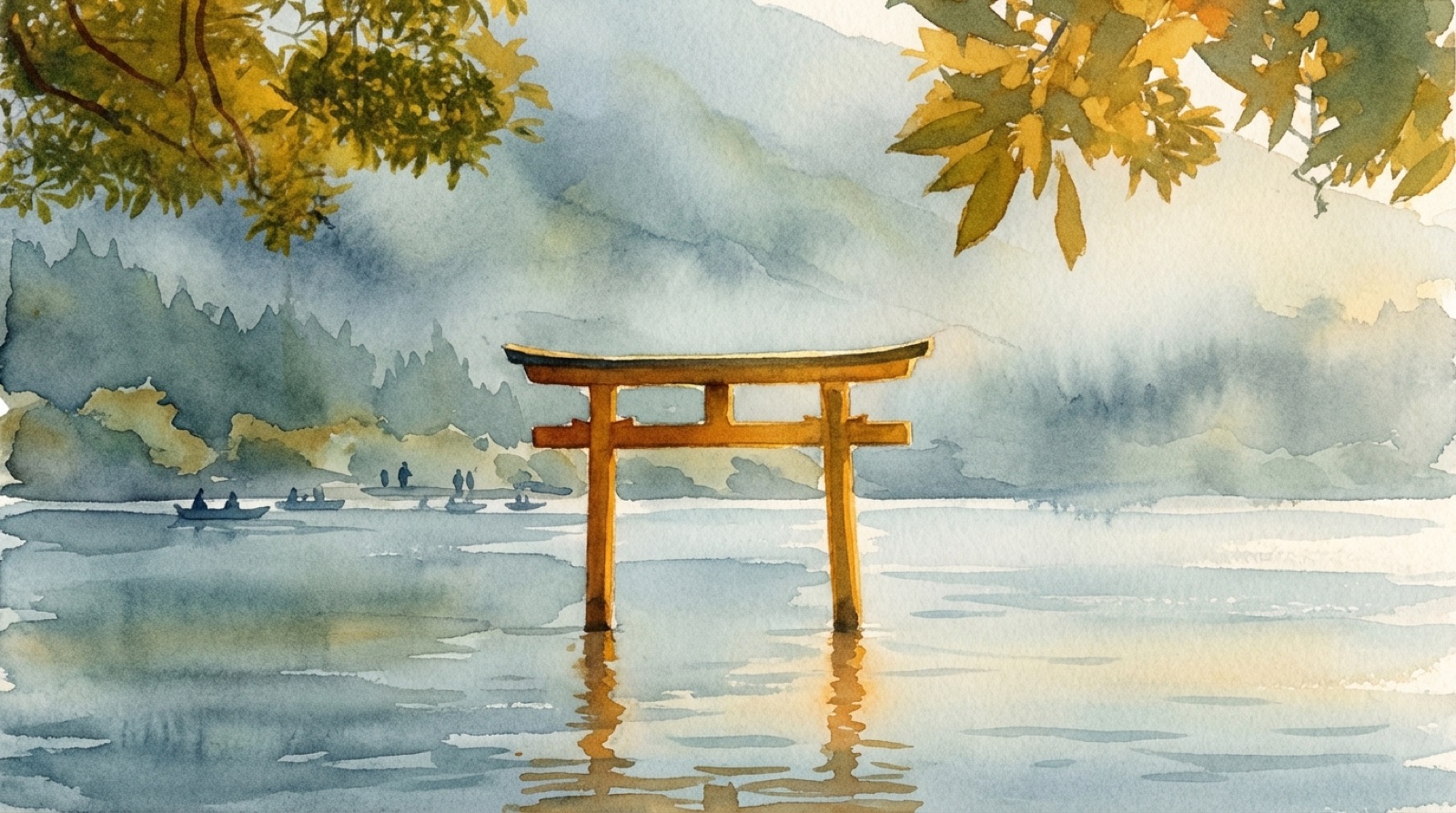 A torii gate at the edge of a lake