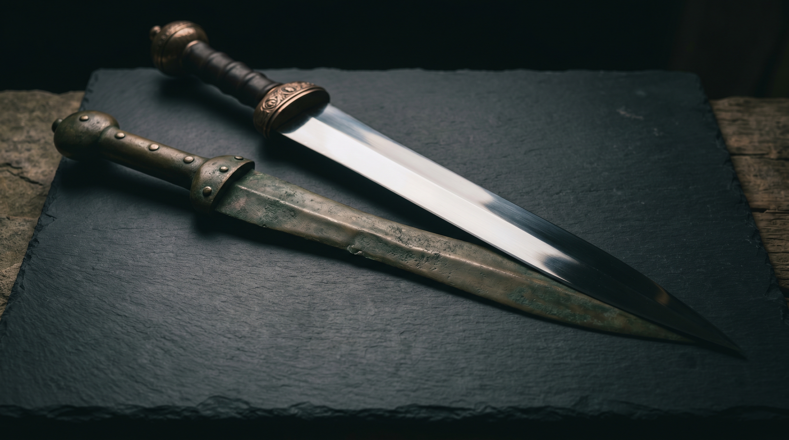 A Roman gladius resting on top of an older bronze sword, on a dark slate slab.