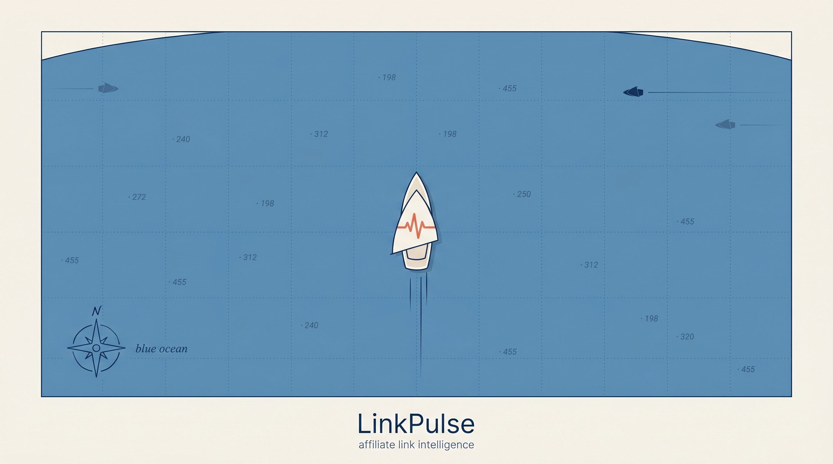 Minimalist top-down chart illustration of a small sailboat with a pulse-wave symbol on its sail, alone in vast open water, captioned 'LinkPulse — affiliate link intelligence'