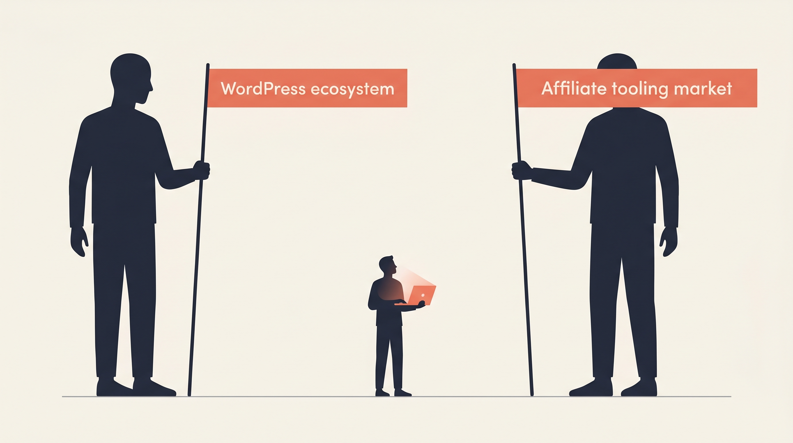 Silhouette of a small figure holding a laptop, standing between two enormous silhouettes holding flags labeled 'WordPress ecosystem' and 'Affiliate tooling market'