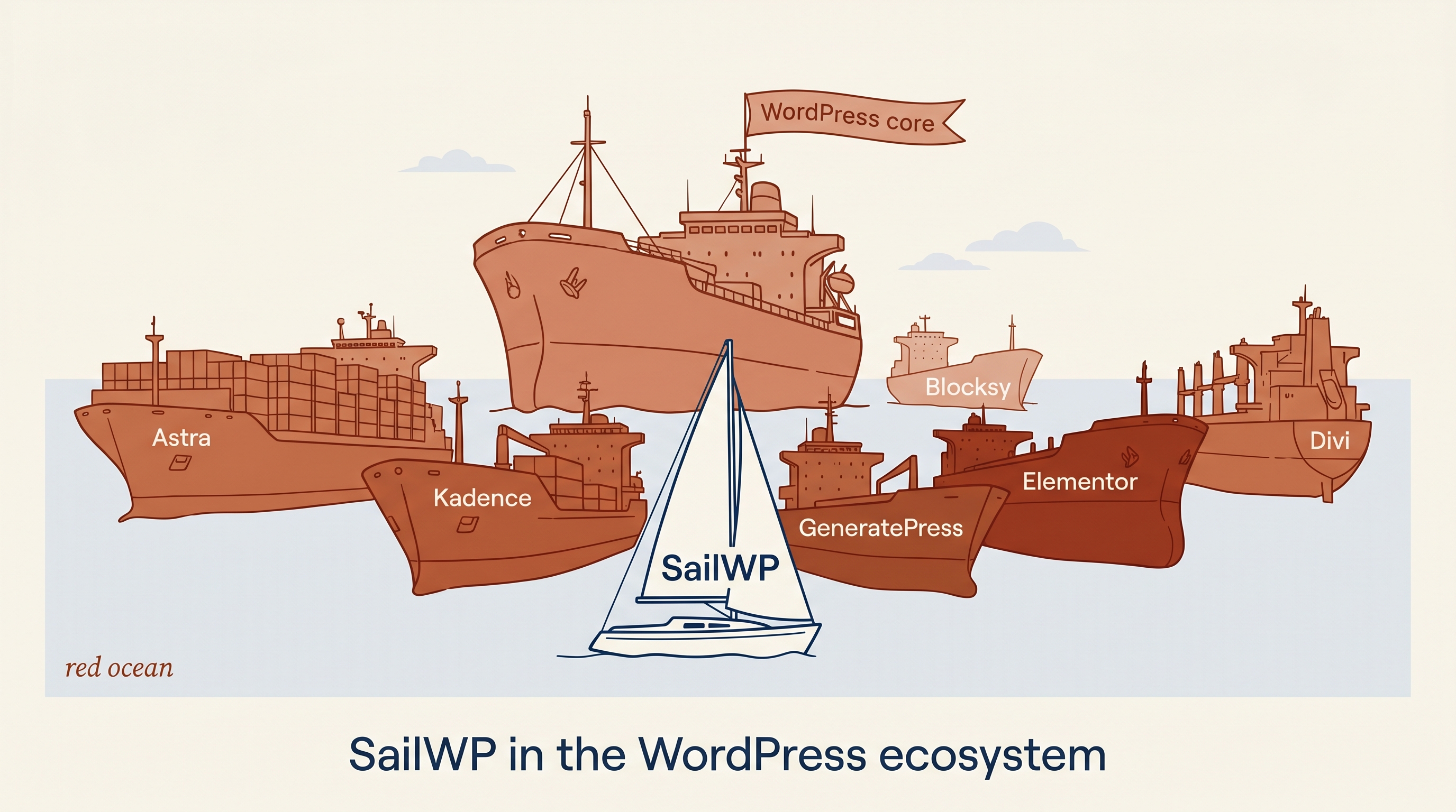 Minimalist editorial illustration of a small navy sailboat with 'SailWP' on its sail weaving between large terracotta cargo ships labeled WordPress core, Astra, Kadence, GeneratePress, Elementor, Divi, Blocksy