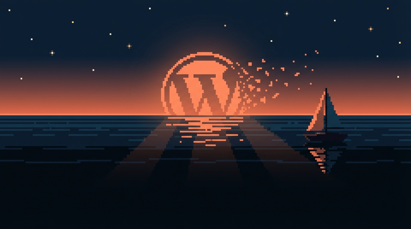 Pixel art: the WordPress logo as a crumbling sun on the horizon, its pieces scattering into the night sky, while a small sailboat heads toward open water